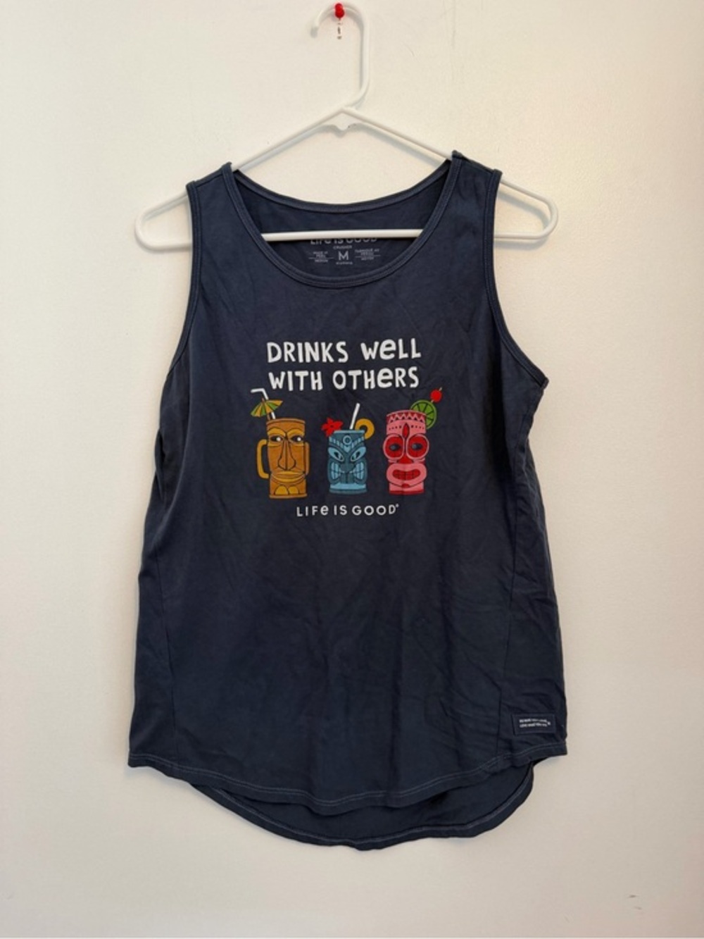 Life Is Good Crusher Tank Top Size M Navy Blue "Drinks Well With Others" Tiki